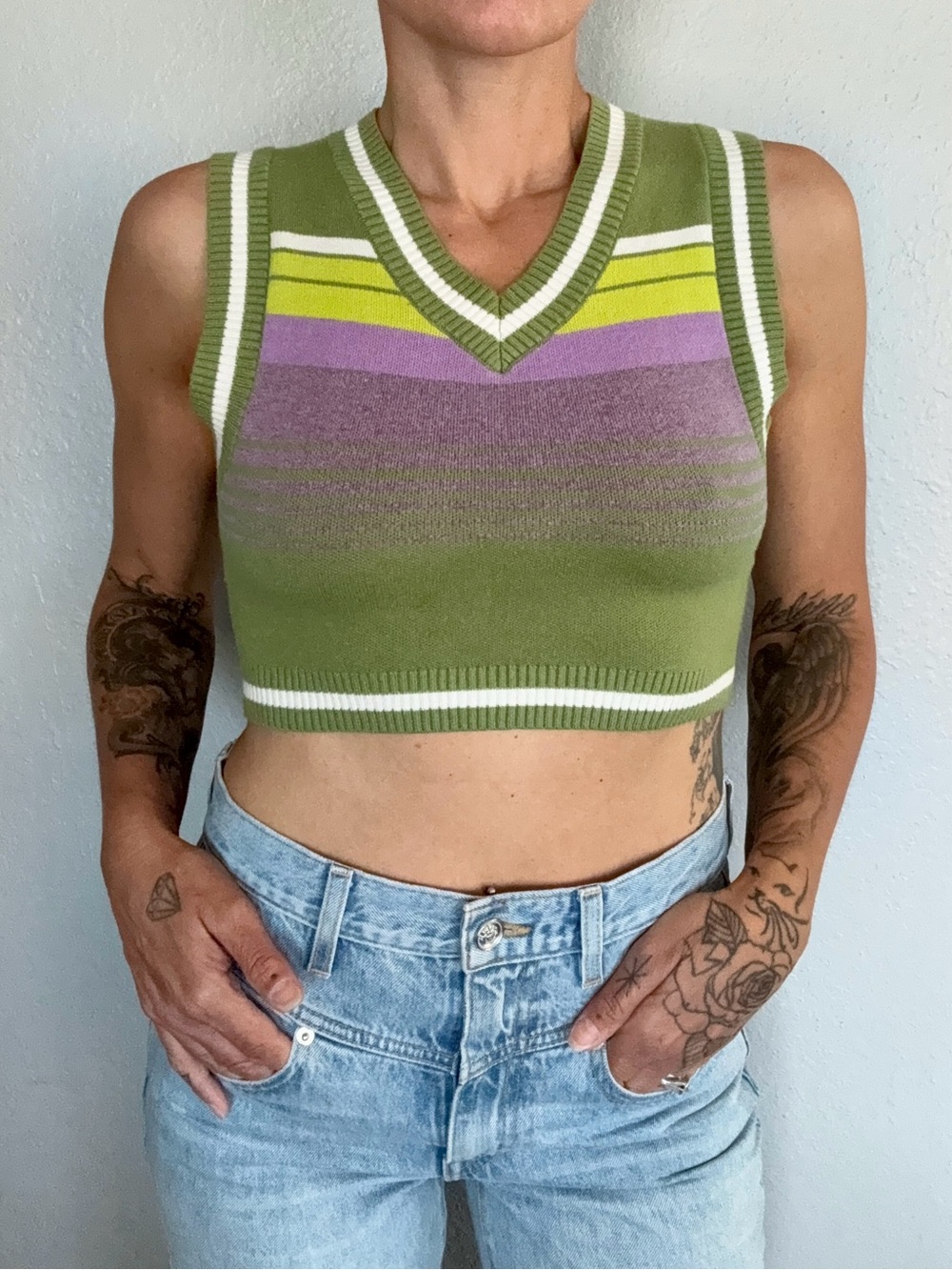 UO Olive Green Striped V-Neck Randi Shrunken Sweater Vest • S